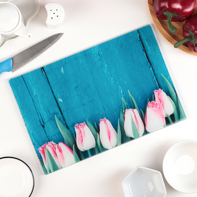 Доска разделочная стеклянная Доляна «Розовые тюльпаны», 30×20 см