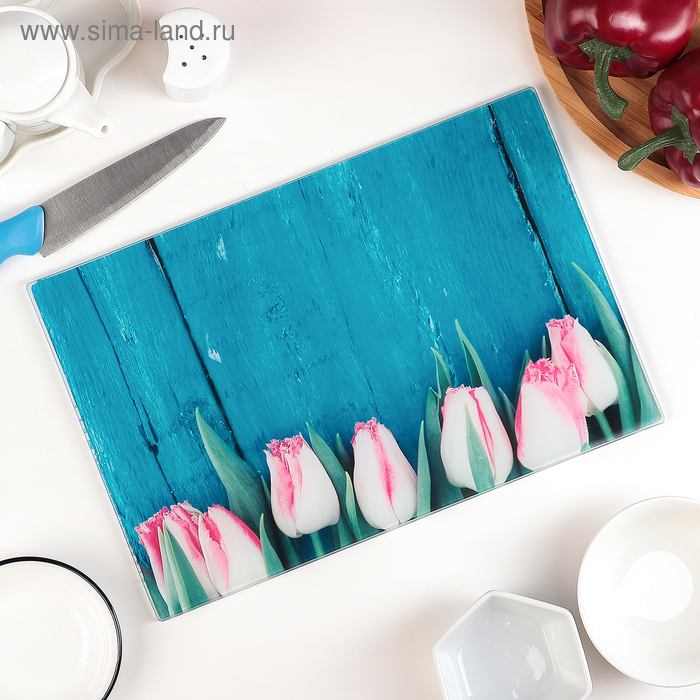 Доска разделочная стеклянная Доляна «Розовые тюльпаны», 30×20 см - Фото 1