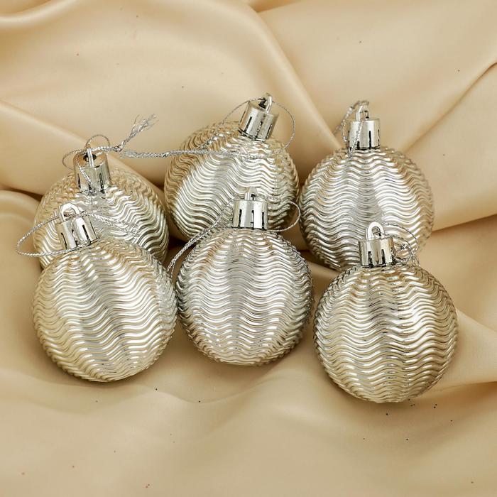Ёлочные игрушки, шары новогодние , пластик, набор d-5 см, 6 шт "Волна" серебро - Фото 1