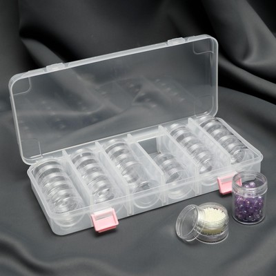 Контейнер для рукоделия большой, 27× 13× 4,5 см, со съёмными ячейками, 28 баночек, d = 3,7 см, цвет прозрачный