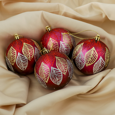 Набор шаров пластик d-8 см, 4 шт "Листья" красный