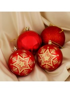 Ёлочные игрушки «Снежинка - блёстка», шары новогодние, d=8 см, набор 4 шт., красный - Фото 3