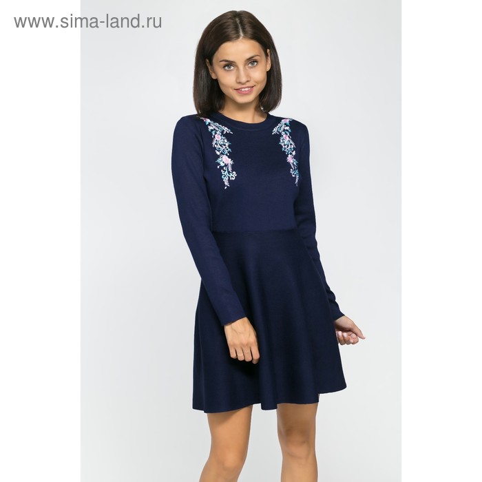 Платье вязаное вышивка, размер 42, цвет тёмно-синий - Фото 1