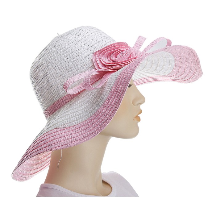 Шляпа пляжная "Луиза",цвет бело-розовый, обхват головы 58 см, ширина полей 11 см - Фото 1