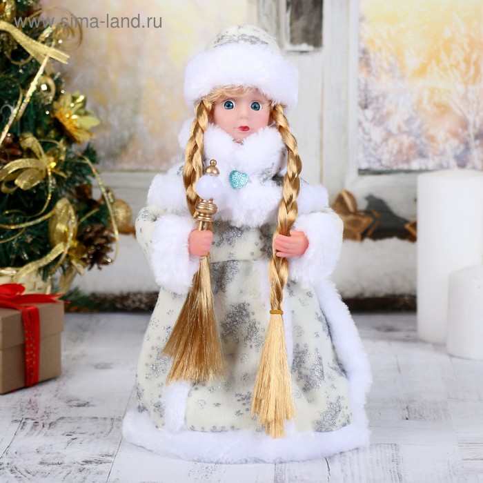 Снегурочка под ёлку «Зимнее волшебство. Белая шубка, с посохом и синей пуговкой» двигается, 31 см