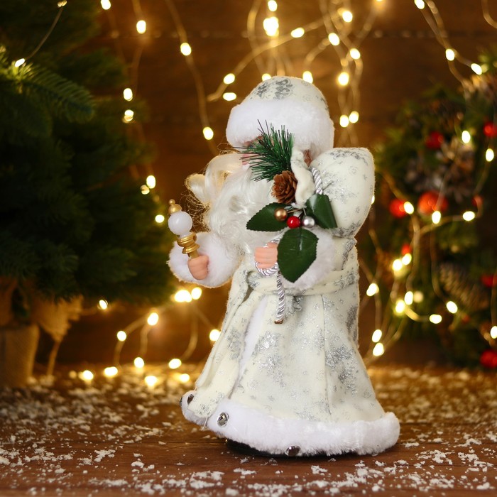 Дед Мороз "В белой шубке с подарками" двигается, с подсветкой, 30 см - фото 1908409416