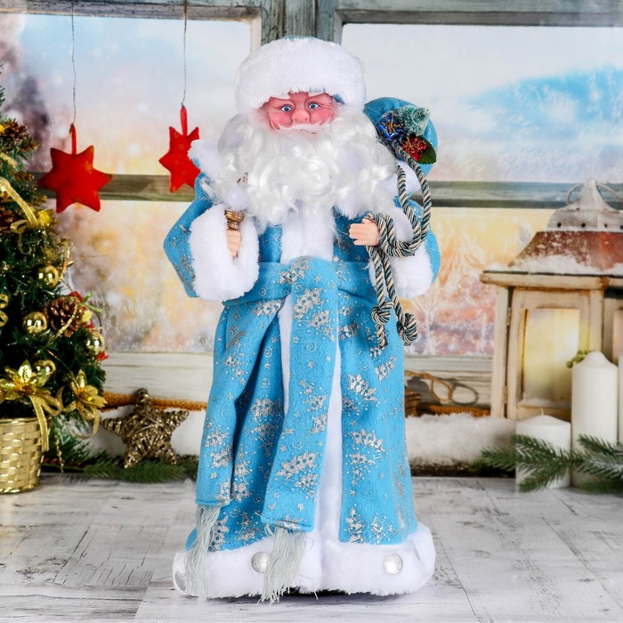 Дед Мороз "В синей шубке с подарками" двигается, 43 см - фото 1908409425