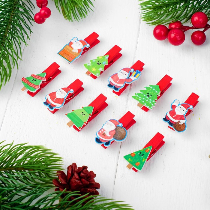 Прищепки декоративные «Новый год», 10 шт., верёвка — 100 см - Фото 1