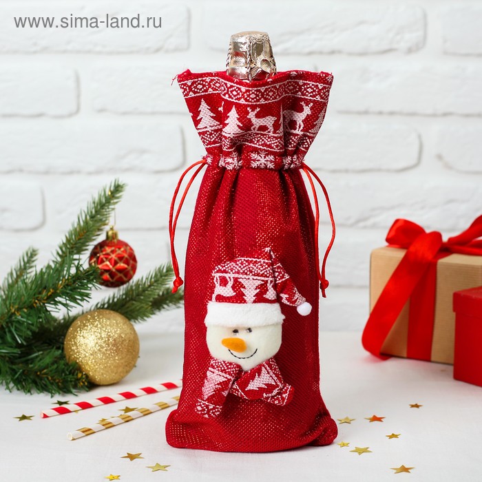 Чехол на бутылку «Снеговик колпак и шарф с рисунком» на завязках - Фото 1