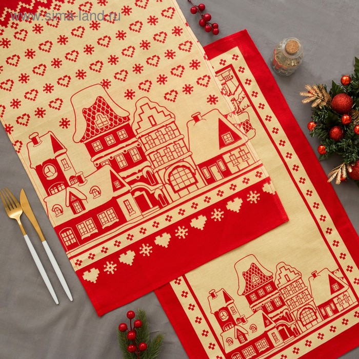 Набор полотенец "Новогодние Домики" 64 х 40 см - 2шт, 100% хл 160 г/м2, рогожка - Фото 1