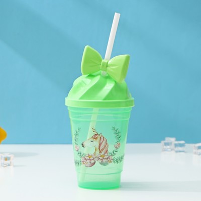 Стакан пластиковый с трубочкой и крышкой Доляна «Единорог», 400 мл, МИКС