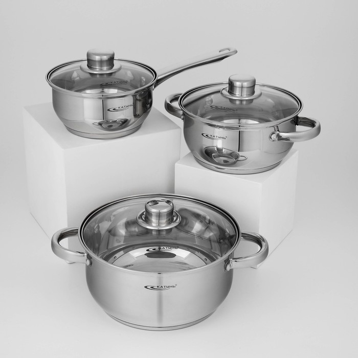 Набор кастрюль Катунь «Гретта», 3 предмета: кастрюли 2.2 л, 4.2 л, ковш 1.6 л, капсульное дно, индукция, нержавеющая сталь - Фото 1