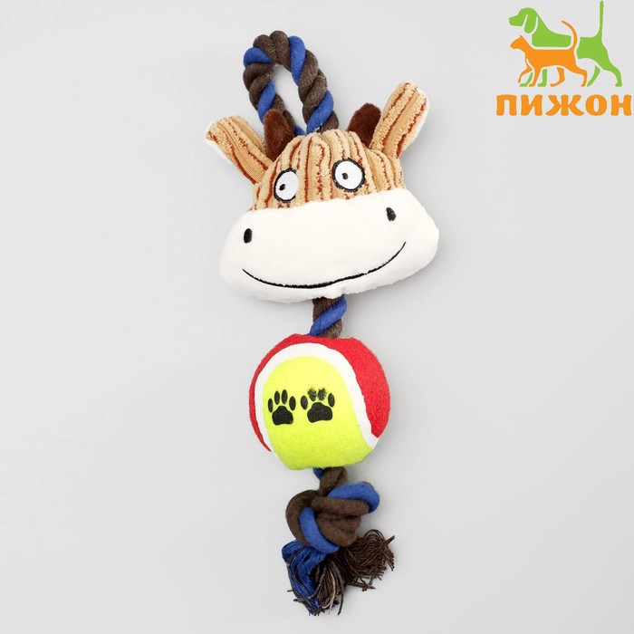 Игрушка для собак 3-в-1 "Корова": канатная, мягкая с пищалкой, войлочный мяч, 30 см - Фото 1