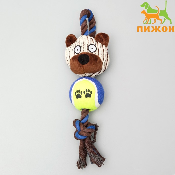 Игрушка для собак 3-в-1 "Медведь": канатная, мягкая с пищалкой, войлочный мяч, 30 см - Фото 1