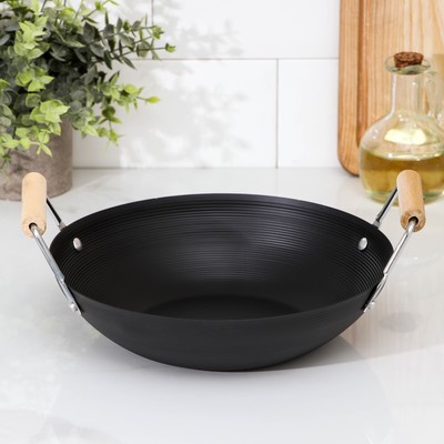 Сковорода-WOK Доляна «Жаклин», d=24.5 см, деревянные ручки, углеродистая сталь, чёрная