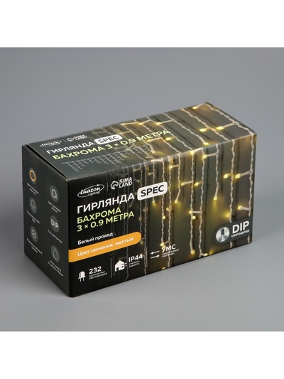 Гирлянда «Бахрома» 3×0.9 м, IP44, УМС, белая нить, 232 LED, свечение жёлтое, 220 В