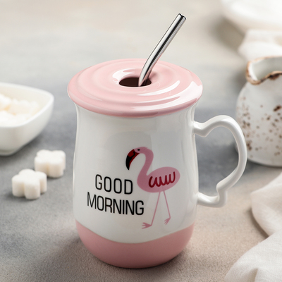 Кружка керамическая с крышкой и трубочкой «Розовое утро», 500 мл, рисунок МИКС