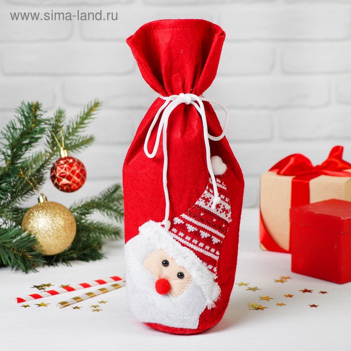 Чехол на бутылку «Дед Мороз в вязаной шапочке» на завязках - Фото 1