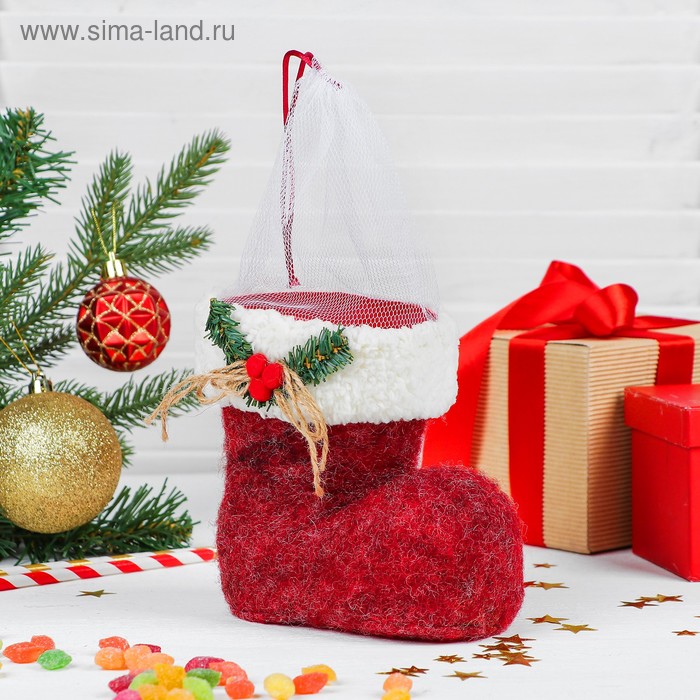 Конфетница «Сапожок», с веточкой, на завязке, вместимость 400 г, красная - Фото 1