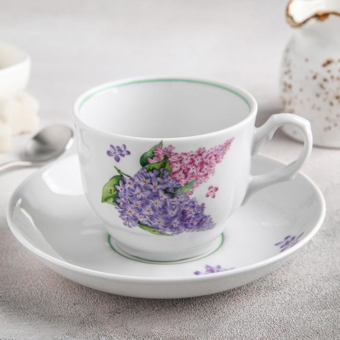 Чайная пара Добрушский завод «Сирень», 2 предмета: чашка 250 мл, блюдце d=15 см, фарфор, белая - Фото 1