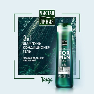 Шампунь для волос Чистая линия For Men 3 в 1 «Энергия и чистота», комплексный уход, 400 мл