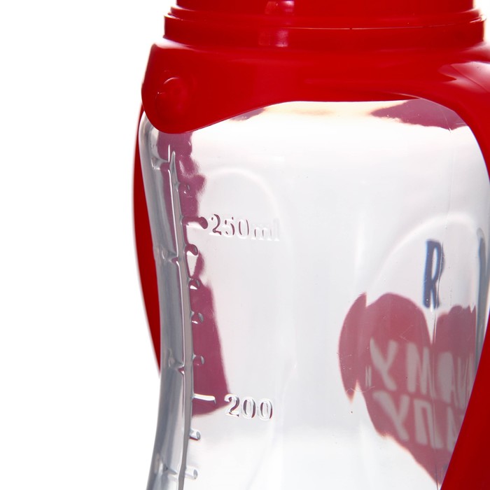 Бутылочка для кормления «Люблю маму и папу», классическое горло, приталенная, с ручками, 250 мл., от 0 мес., цвет красный - фото 1898156701