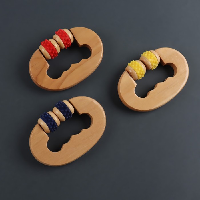 Массажёр, деревянный, 11 × 8 × 2,5 см, 2 ролика, цвет МИКС 17436