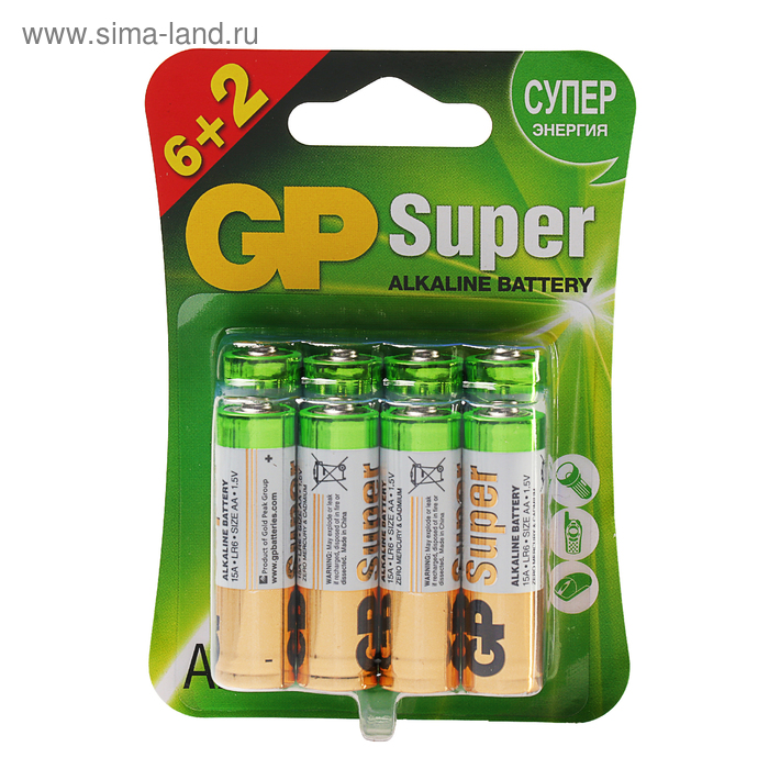 Батарейка алкалиновая GP Super, AA, LR6-8BL, 1.5В, блистер, 6+2 шт. - Фото 1