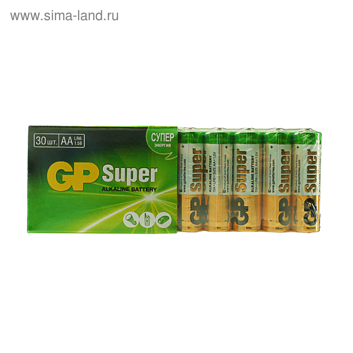 Батарейка алкалиновая GP Super, AA, LR6-30S, 1.5В, спайка, 30 шт. - Фото 1