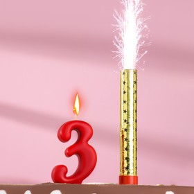 Свеча для торта цифра 'Овал' красная '3' + фонтан Ош