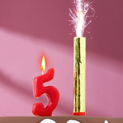 Свеча для торта цифра "Овал" красная "5" + фонтан