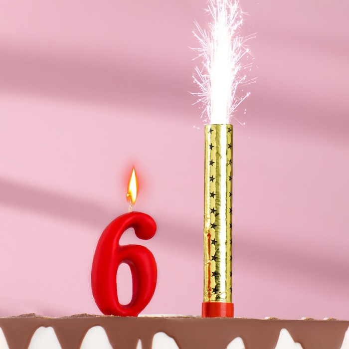 Свеча для торта цифра "Овал" красная "6" + фонтан - Фото 1
