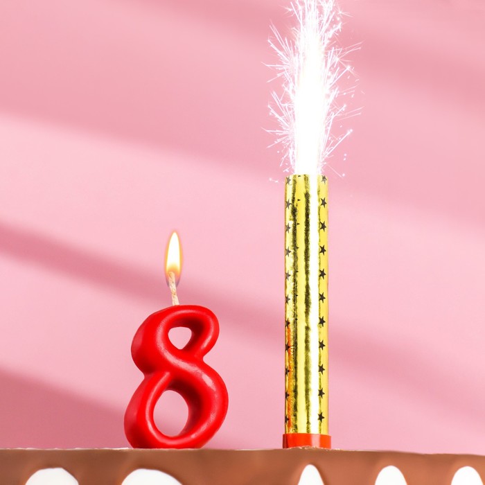 Свеча для торта цифра "Овал" красная "8" + фонтан - Фото 1