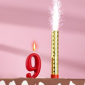 Свеча для торта цифра 'Овал' красная '9' + фонтан