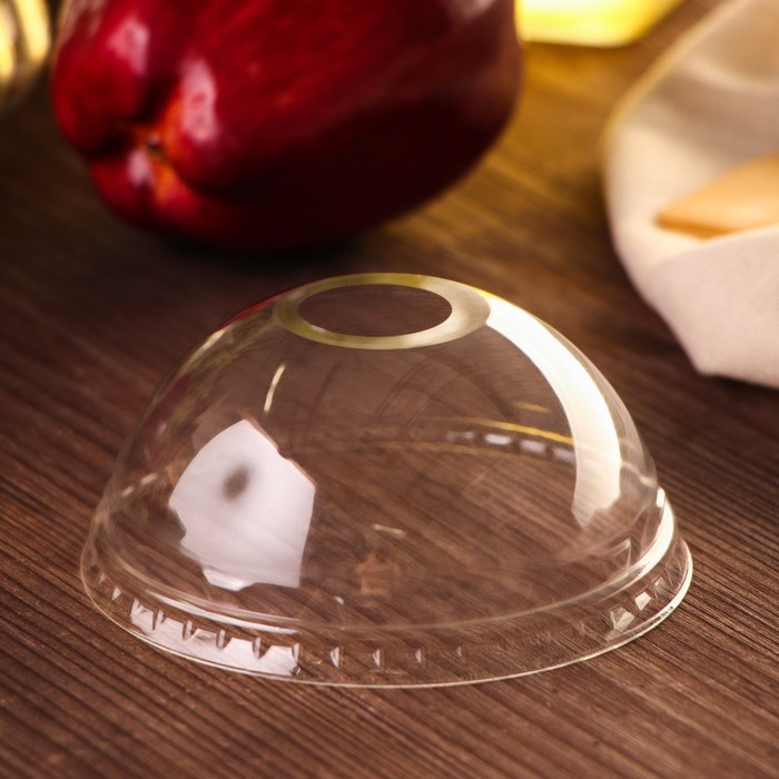 Крышка купольная пластиковая одноразовая ПЭТ, с отверстием для трубочки, d=9.5 см, прозрачная - Фото 1