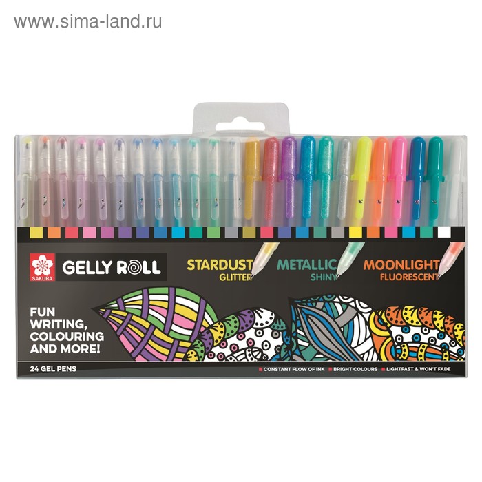 Набор гелевых ручек для декоративных работ 24 цвета, Sakura Gelly Roll 0.8 (с блёстками, металлик, флуоресцентные) - Фото 1