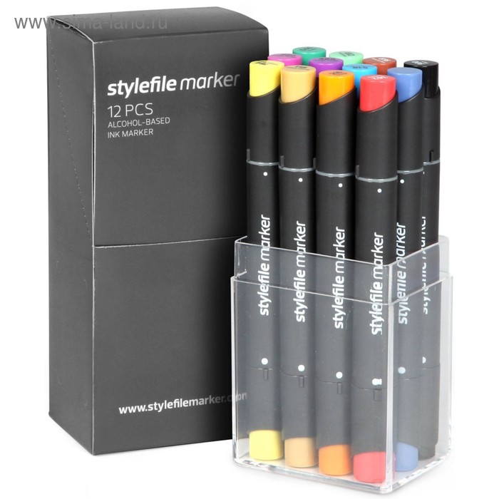 Маркер художественный, набор, StyleFile, 12 цветов (двухсторонний: пулевидный/скошенный), основные цвета A - Фото 1