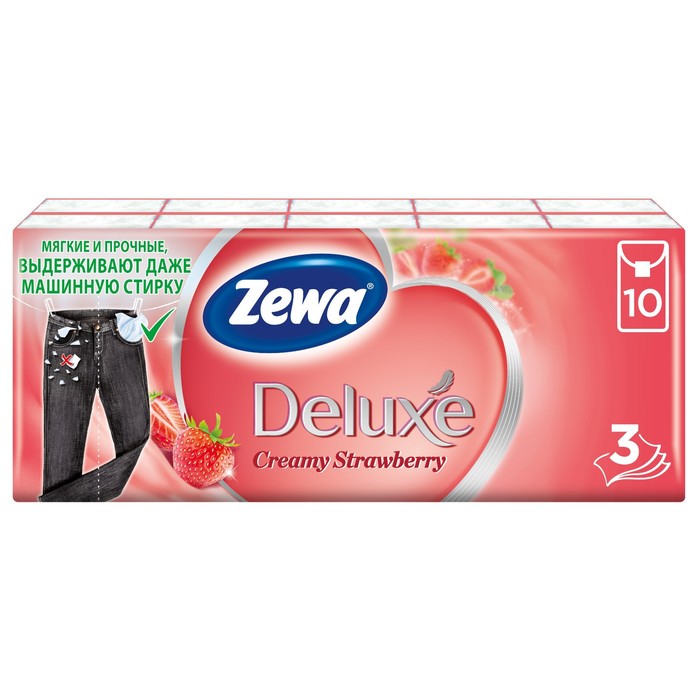 Платочки бумажные носовые Zewa Deluxe «Клубника», 10 упаковок по 10 шт - Фото 1