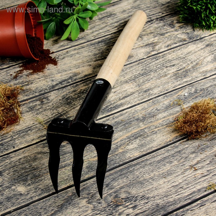 Грабли прямые, 3 зубца, длина 40 см, деревянная ручка - Фото 1