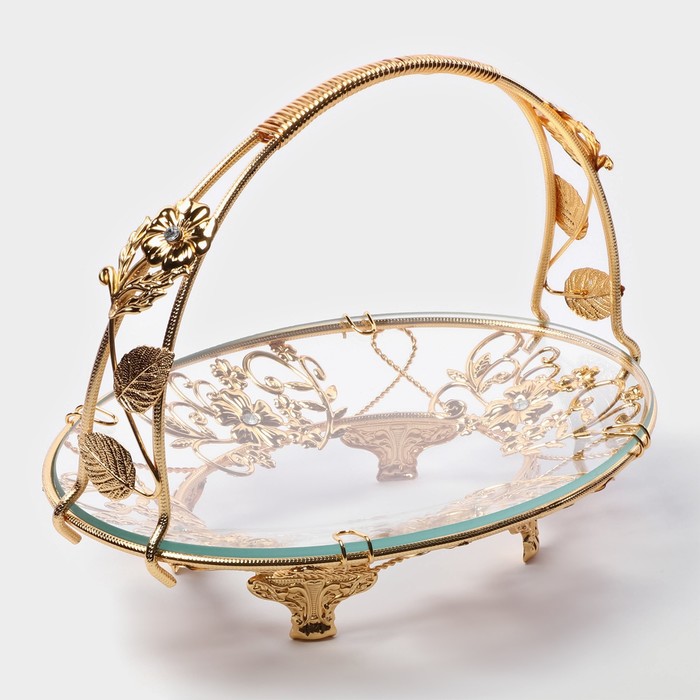 Фруктовница «Хайгарден», 26×18×19 см, съёмная ручка, стекло, металл, золотистая - Фото 1