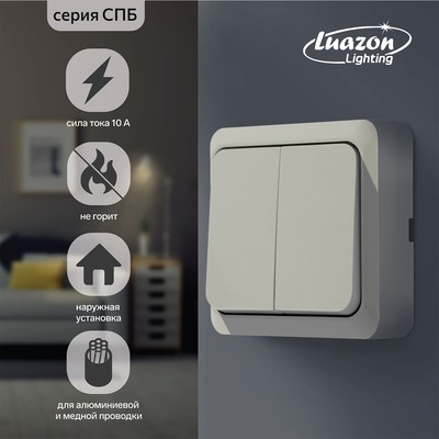 Выключатель Luazon Lighting "СПБ", 10 А, 2 клавиши, накладной, бежевый