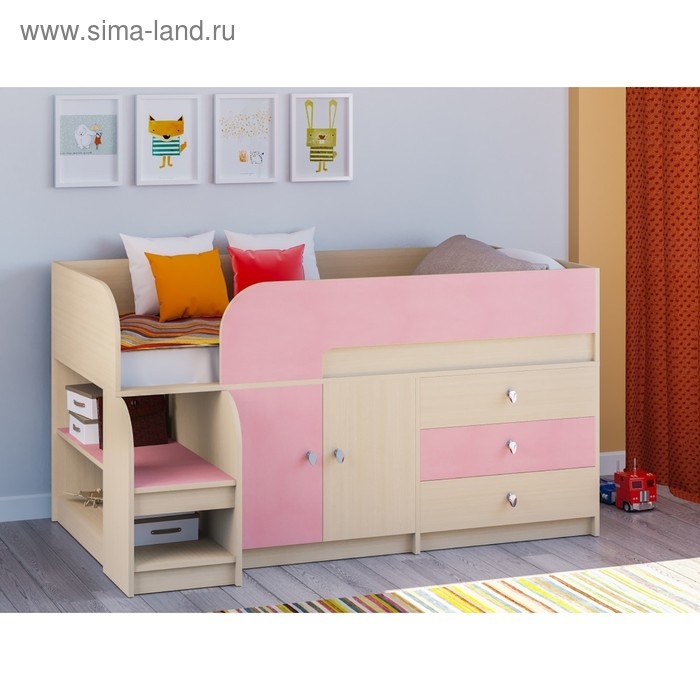 Детская кровать-чердак «Астра 9 V1», цвет дуб молочный/розовый - Фото 1