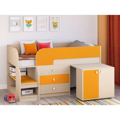 Детская кровать-чердак «Астра 9 V7», выдвижной стол, цвет дуб молочный/оранжевый