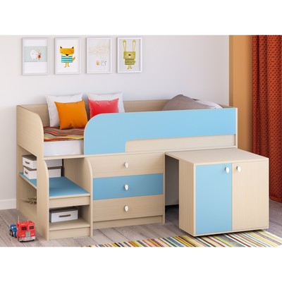 Детская кровать-чердак «Астра 9 V7», выдвижной стол, цвет дуб молочный/голубой