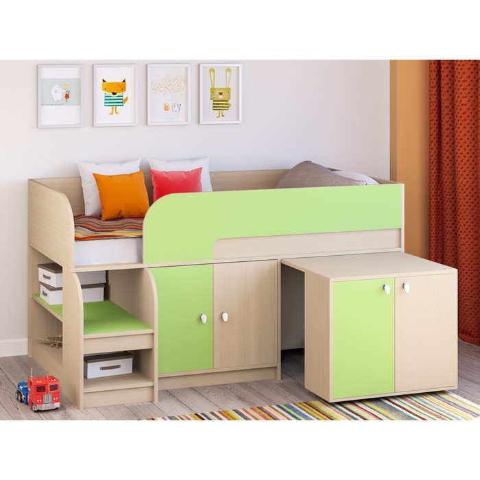 Детская кровать-чердак «Астра 9 V8», выдвижной стол, цвет дуб молочный/салатовый - фото 1905506681