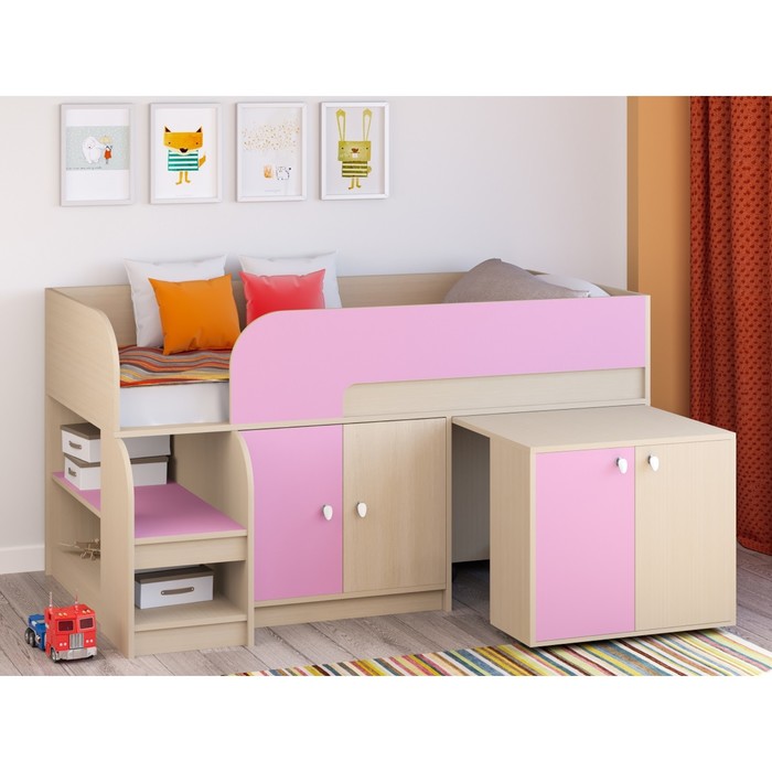 Детская кровать-чердак «Астра 9 V8», выдвижной стол, цвет дуб молочный/розовый