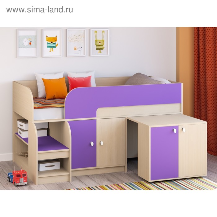 Детская кровать-чердак «Астра 9 V8», выдвижной стол, цвет дуб молочный/фиолетовый - Фото 1