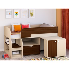 Детская кровать-чердак «Астра 9 V9», выдвижной стол, цвет дуб молочный/орех