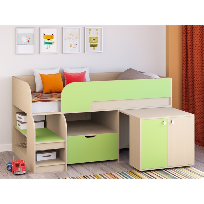 Детская кровать-чердак «Астра 9 V9», выдвижной стол, цвет дуб молочный/салатовый - фото 1905506691