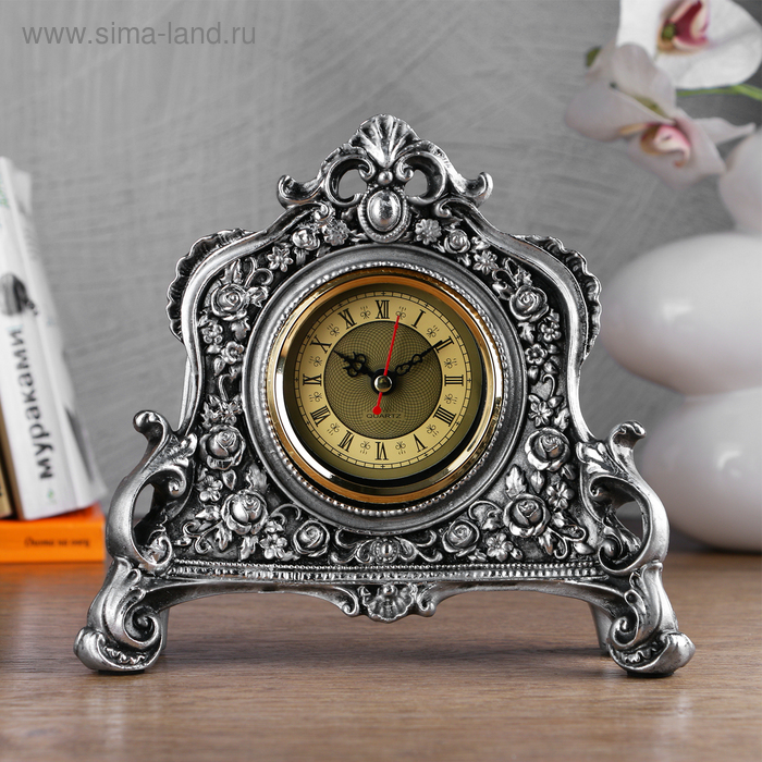 Часы настольные интерьерные каминные, 21×19×6.5 см, d=7 см, серебряные